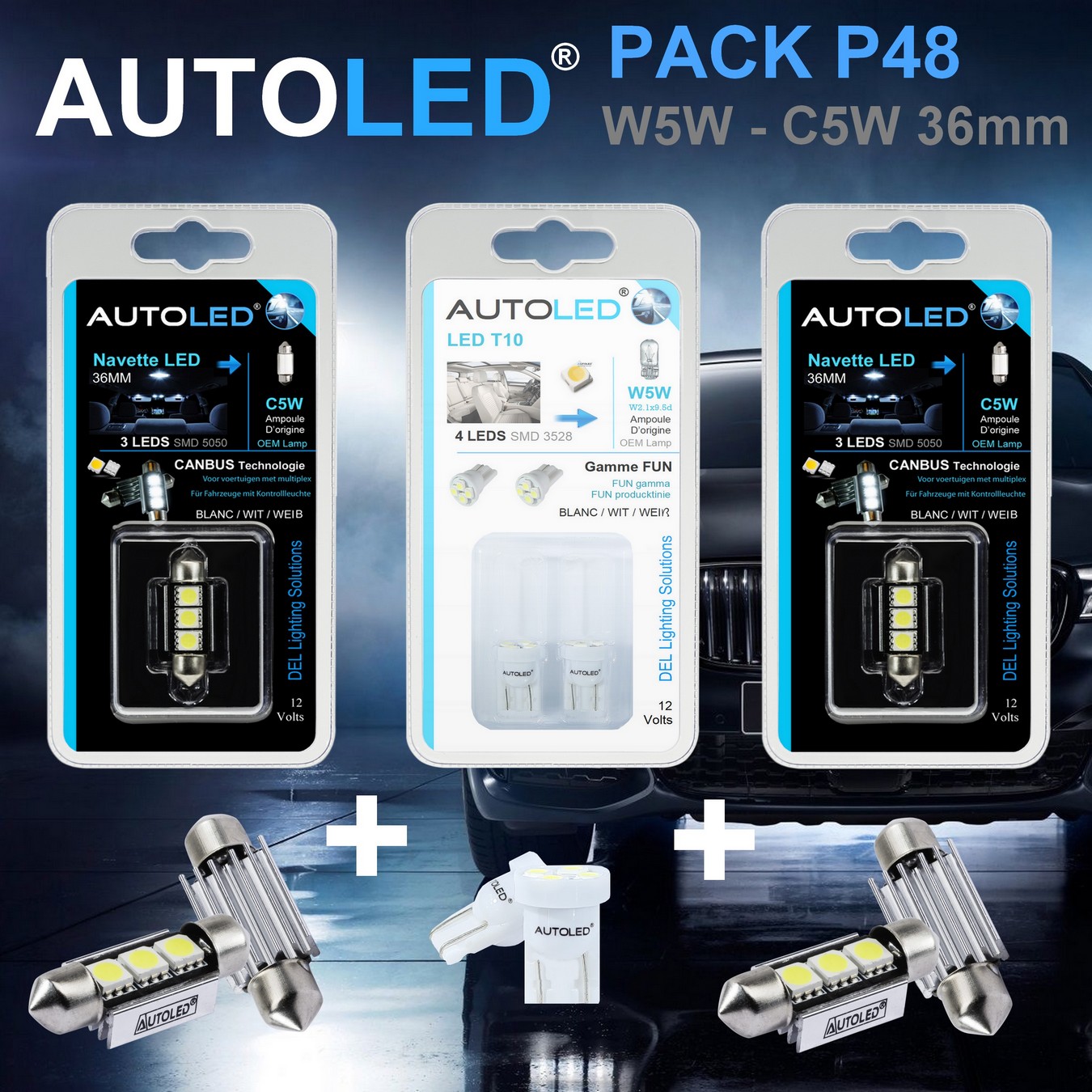 Pack-4-ampoules-led-blanc-eclairage-habitacle-plaque-immatriculation-plafonnier-boite -a gants-coffre-t10-4leds-smd-3528-w5w-navette-c5w-c10w-36mm-canbus-3leds-blanc-eclairage-led-autoled-pack-