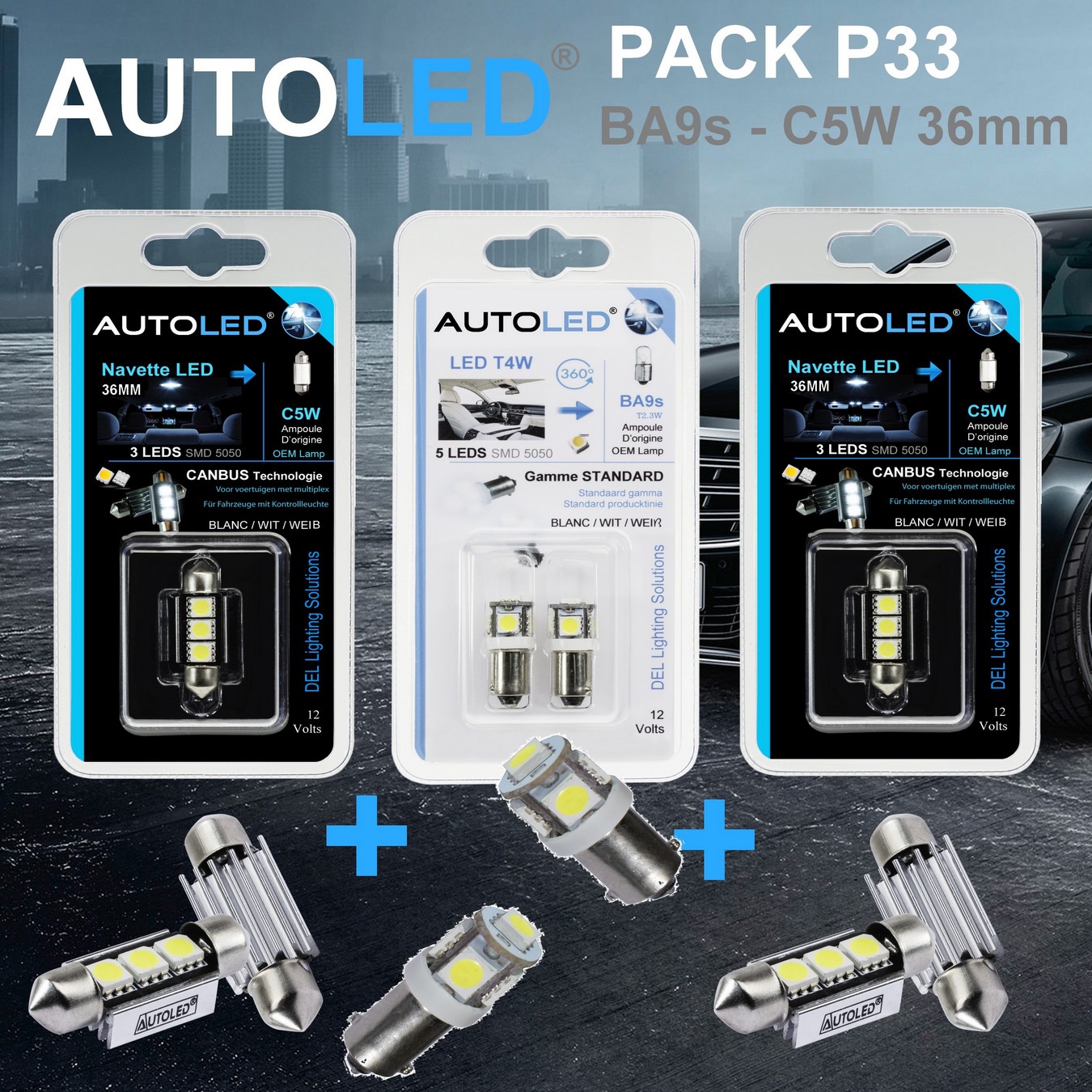Pack-4-ampoules-led-blanc-habitacle-plaque-plafonnier-boite -a gants-coffre-ba9s-t4w-5leds-smd-5050-canbus-navette-36mm-c5w-c10w-3leds-blanc-eclairage-led-autoled-pack-p33.2