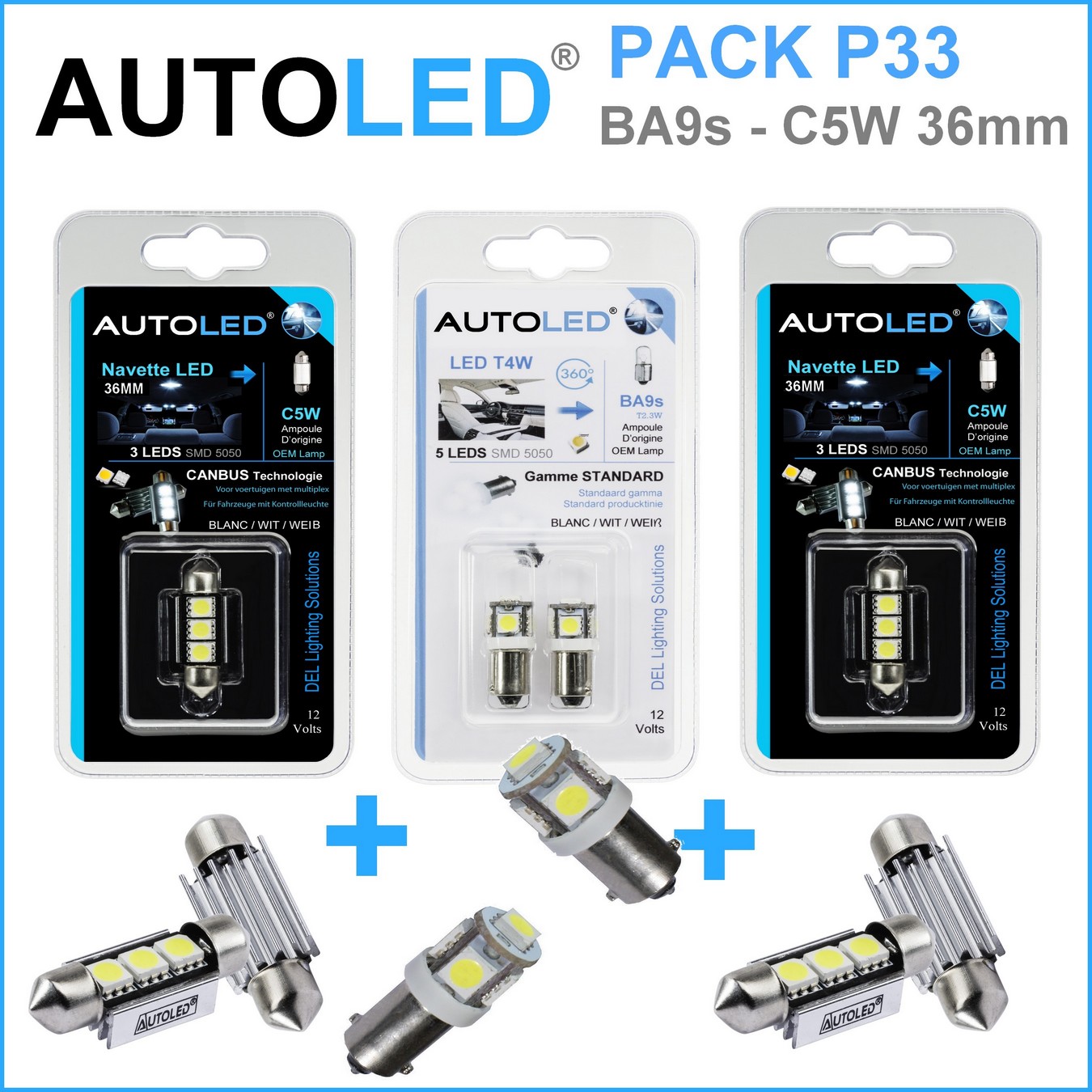 Pack 4 Ampoules LED blanc BA9s (T4W) + LED C5W 36mm 💡