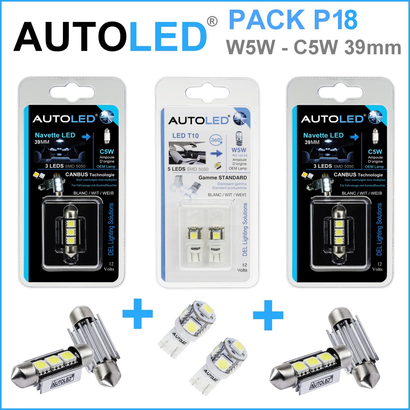 Pack-4-ampoules-led-blanc-habitacle-plaque-plafonnier-boite -a gants-coffre-t10-5leds-smd-5050-w5w-navette-c5w-c10w-39mm-3leds-blanc-eclairage-led-autoled-pack-p18.1