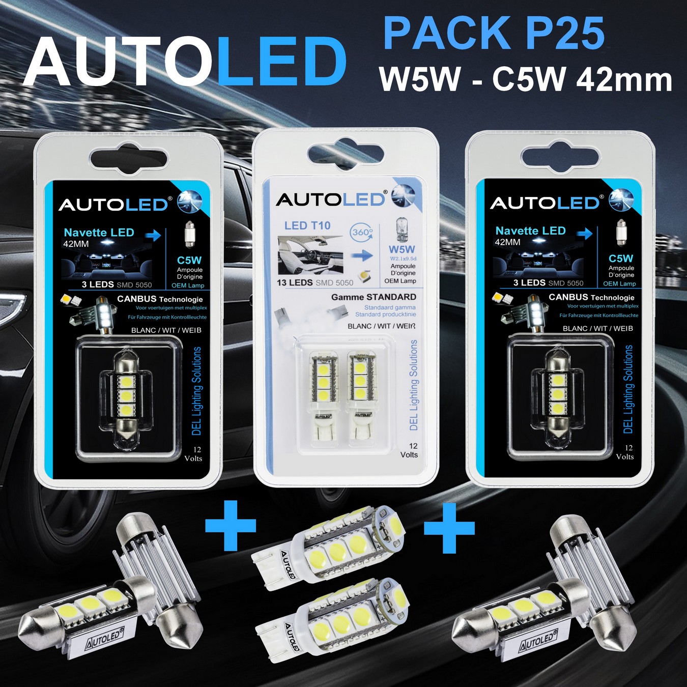 Pack-4-ampoules-led-blanc-habitacle-plaque-plafonnier-boite -a gants-coffre-w5w-t10-13leds-smd-5050-navette-c5w-c10w-42mm-3leds-blanc-eclairage-led-autoled-pack-p25.2