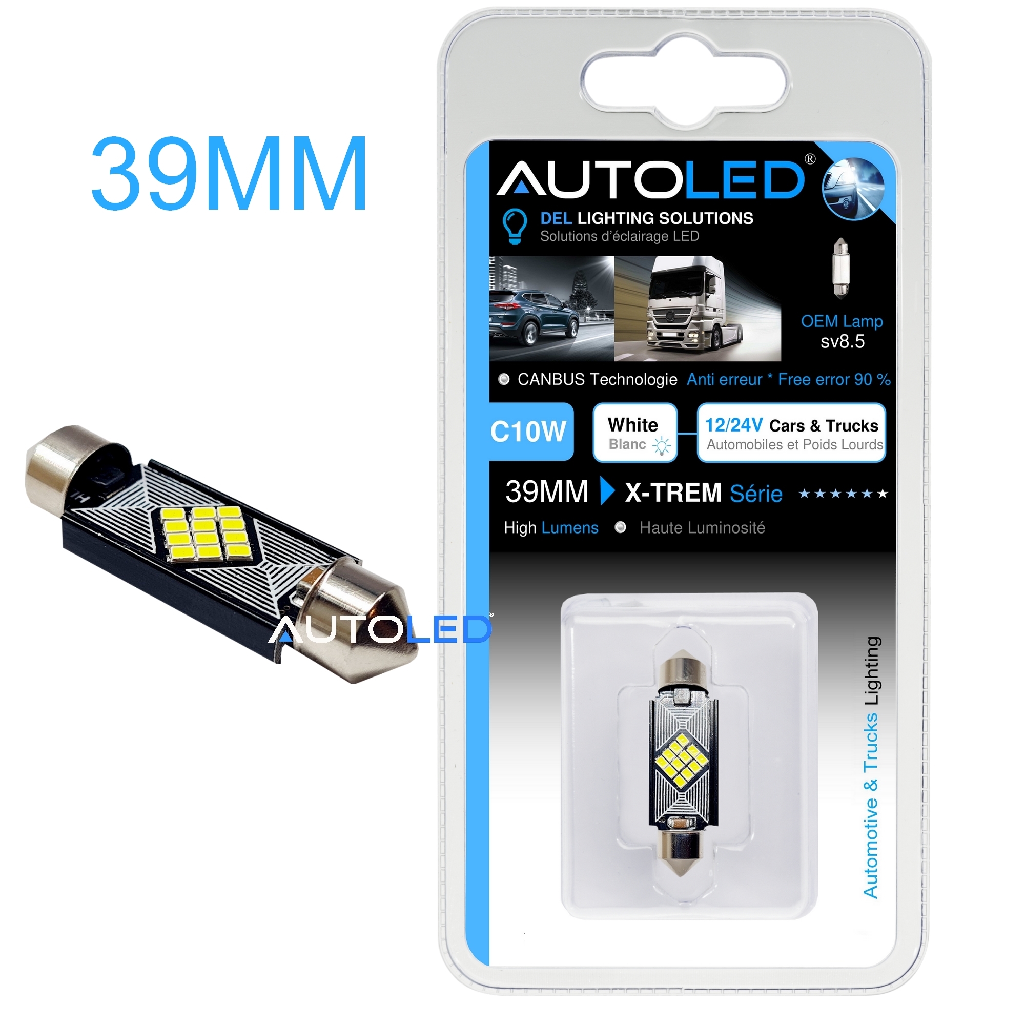 Ampoule C10W 39mm LED Canbus anti erreur éclairage intérieur LED plaque immatriculation-autoled-0285.1a