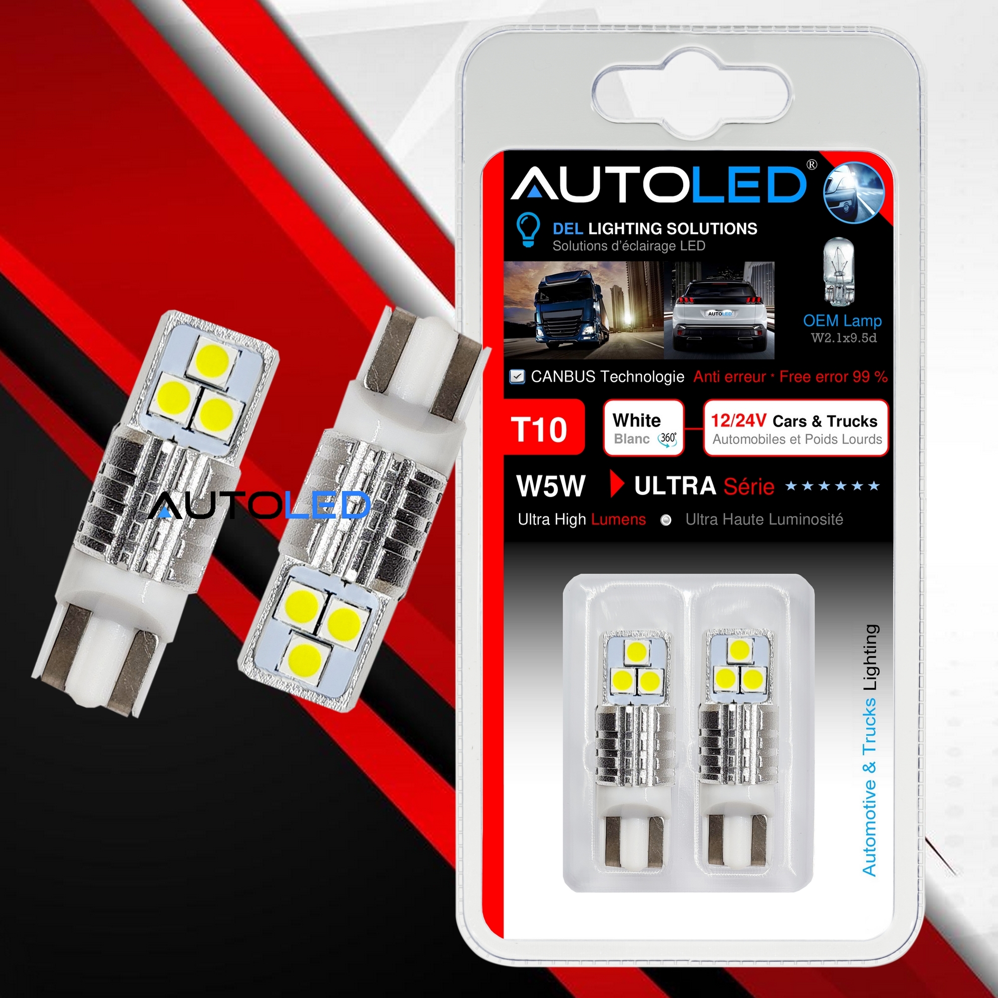 2 AMPOULE W5W CANBUS 24 LED SMD 2835 SANS ERREUR ODB BLANC XENON 6000K -  ADTUNING FRANCE